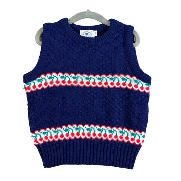 Vintage Hartstrings Sweater Vest 6 6X Girls Blue Cherry Stripe Fair Isle Print - Picture 1 of 5